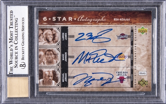 2006-07 SP Signature Edition "6 Star Autographs" #6SA-AEAJJJ Multi-Signed Card (#3/5) – Autographed by Michael Jordan, LeBron James, Erving, Anthony, Johnson and Abdul-Jabbar – BGS NM-MT+ 8.5/BGS 9